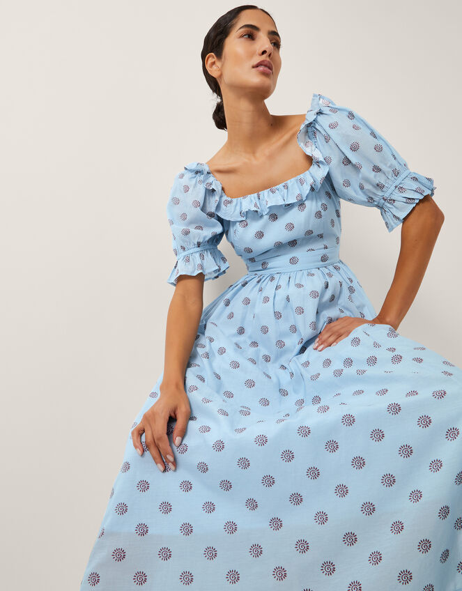 The India Edit Matilda Printed Puff Sleeve Midi Dress, Blue (BLUE), large