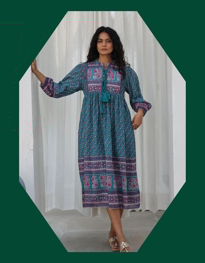 Dilli Grey Priya Block Print Midi Dress, Teal (TEAL), large