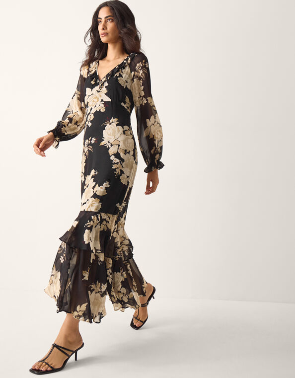 Rowena Floral Print Ruffle Maxi Dress, Black (BLACK), large