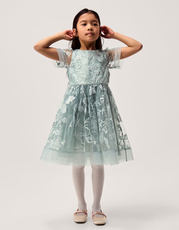 Montecarlo Floral Embroidered Party Dress, Green (SAGE), large