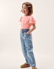 Daisy Embroidered Barrel Jeans, Blue (BLUE), large