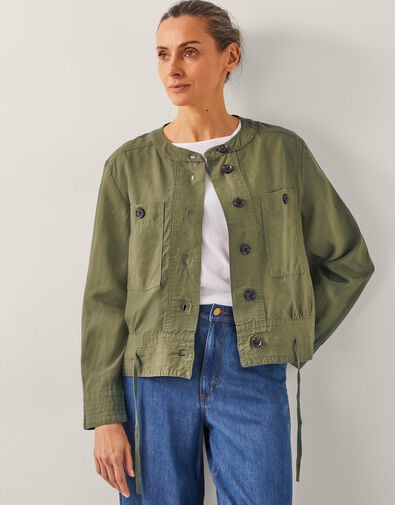Cally Linen Blend Cropped Bomber Jacket, Green (KHAKI), large