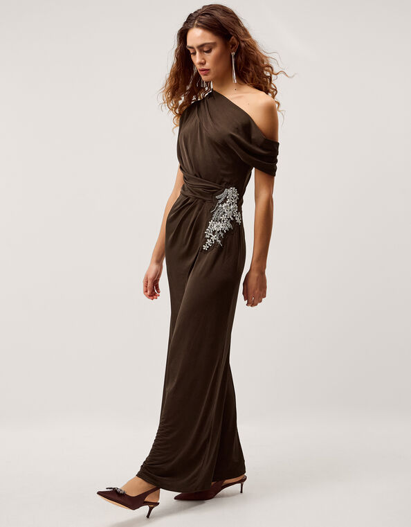 Trina Asymmetrical Embellished Jersey Maxi Dress, Brown (CHOCOLATE), large