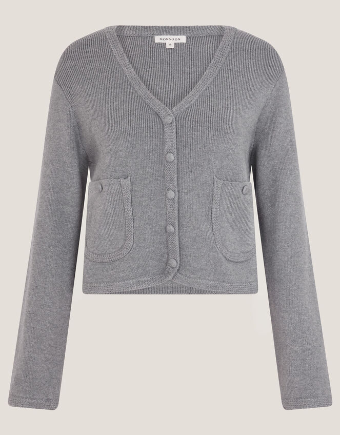 Viola V-Neck Cropped Cardigan, Grey (GREY), large