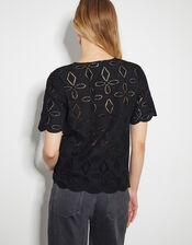Brooke Short Sleeve Broderie Top , Black (BLACK), large