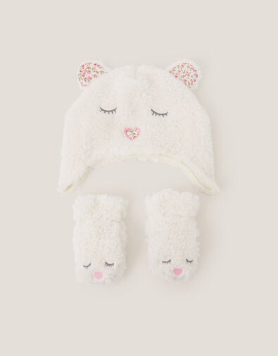Baby Faux Shearling Bear Hat & Mitten Set, Ivory (IVORY), large