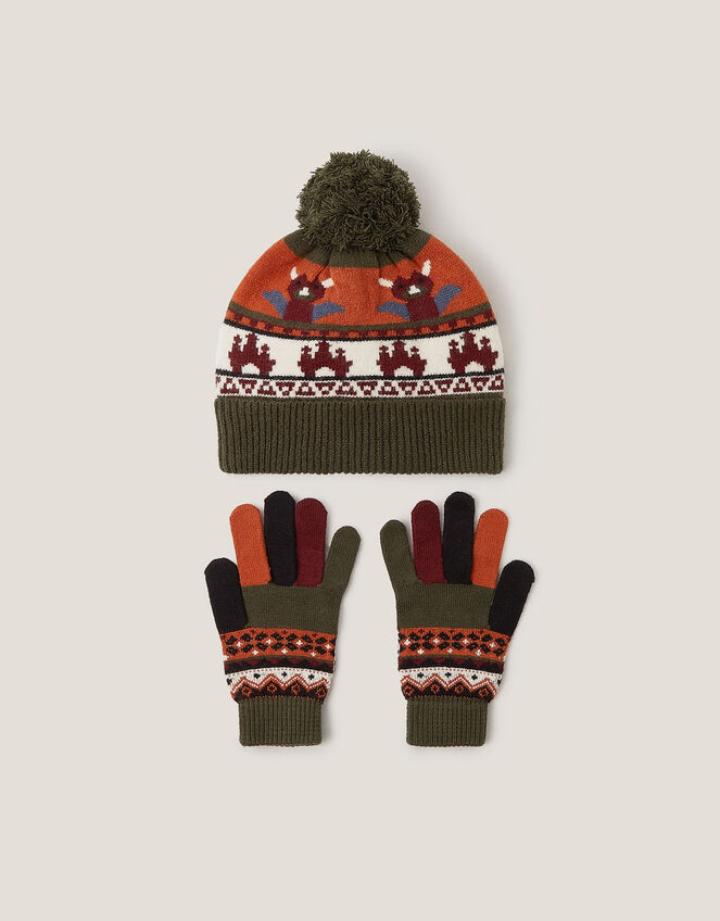 Dragon Beanie Hat & Gloves Set, Green (GREEN), large