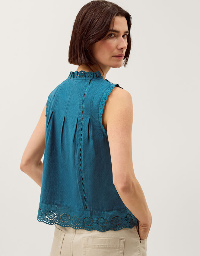 Trish Sleeveless Broderie Frill Top, Teal (TEAL), large