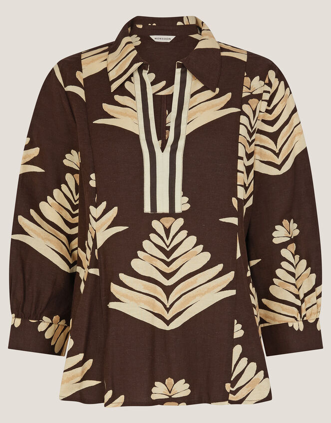 Pamela Linen Blend Leaf Print Top, Brown (CHOCOLATE), large
