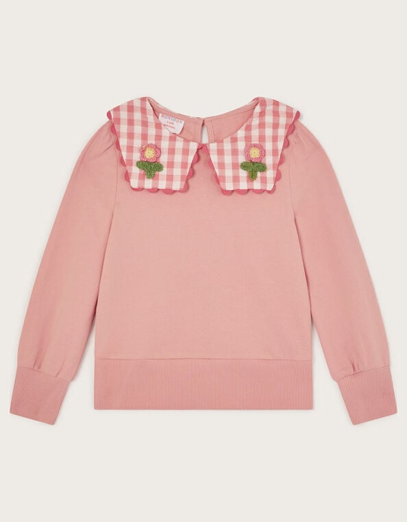 Floral Gingham Collar Sweatshirt, Pink (PINK), large