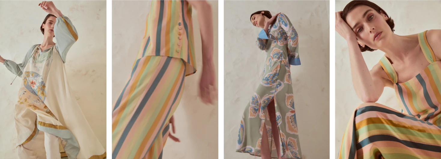 4 photos of model wearing Clemence clothing